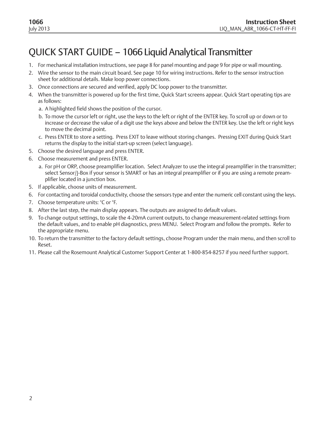 Emerson instruction sheet Quick Start Guide 1066 Liquid Analytical Transmitter 