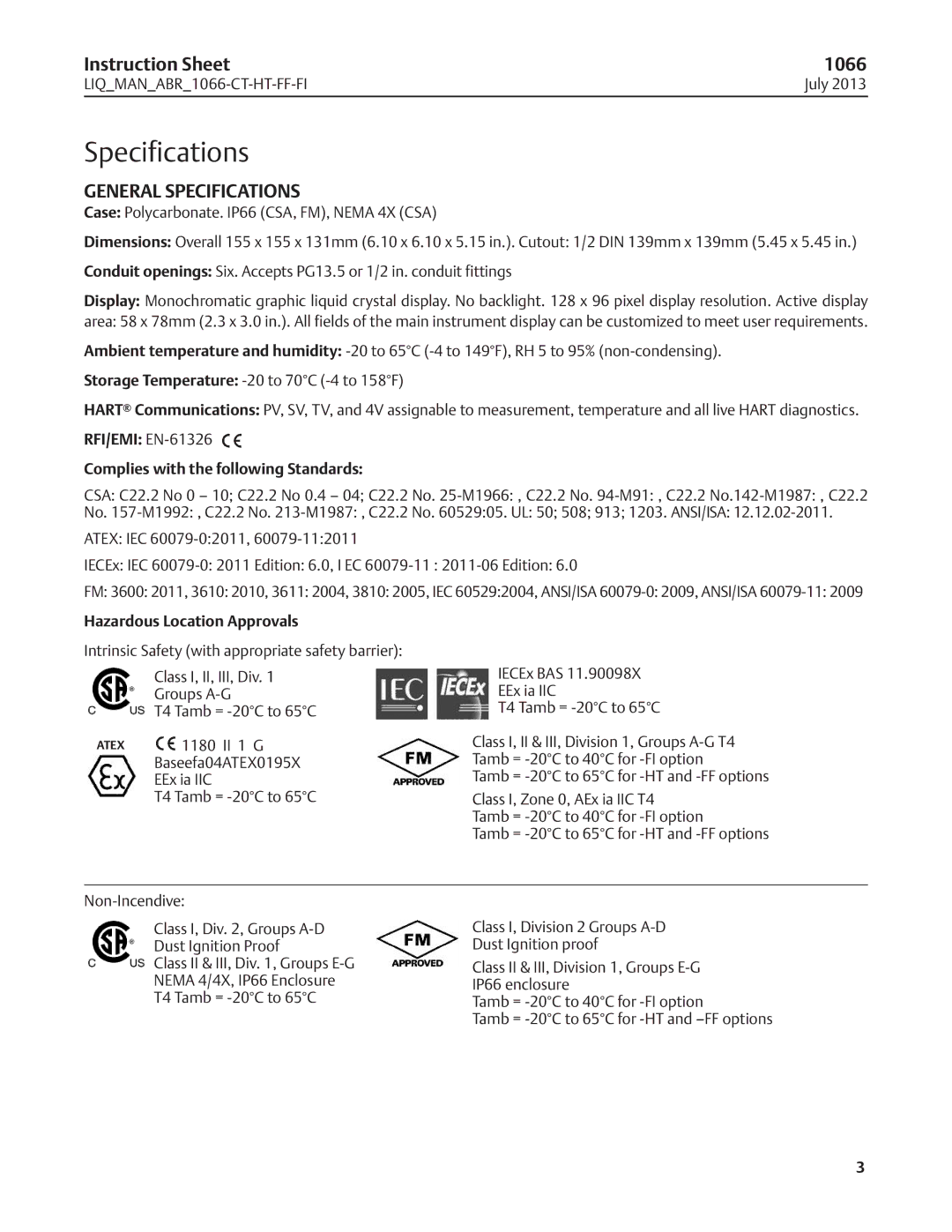 Emerson 1066 instruction sheet General Specifications 