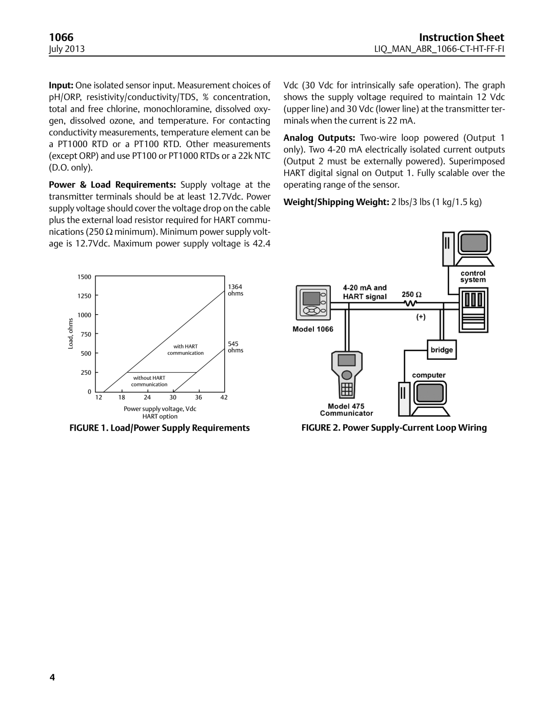 Emerson 1066 instruction sheet Load/Power Supply Requirements 