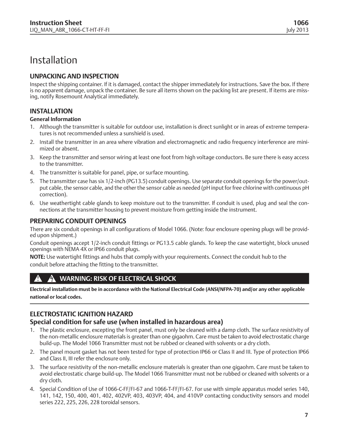 Emerson 1066 Unpacking and Inspection, Installation, Preparing Conduit Openings, Electrostatic Ignition Hazard 