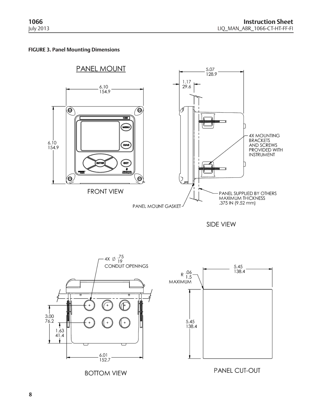 Emerson 1066 instruction sheet Panel Mounting Dimensions 