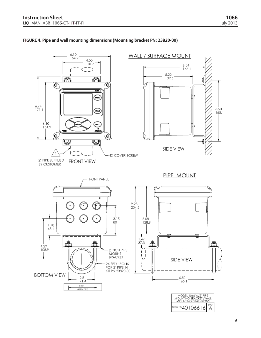 Emerson 1066 instruction sheet Pipe and wall mounting dimensions Mounting bracket PN 