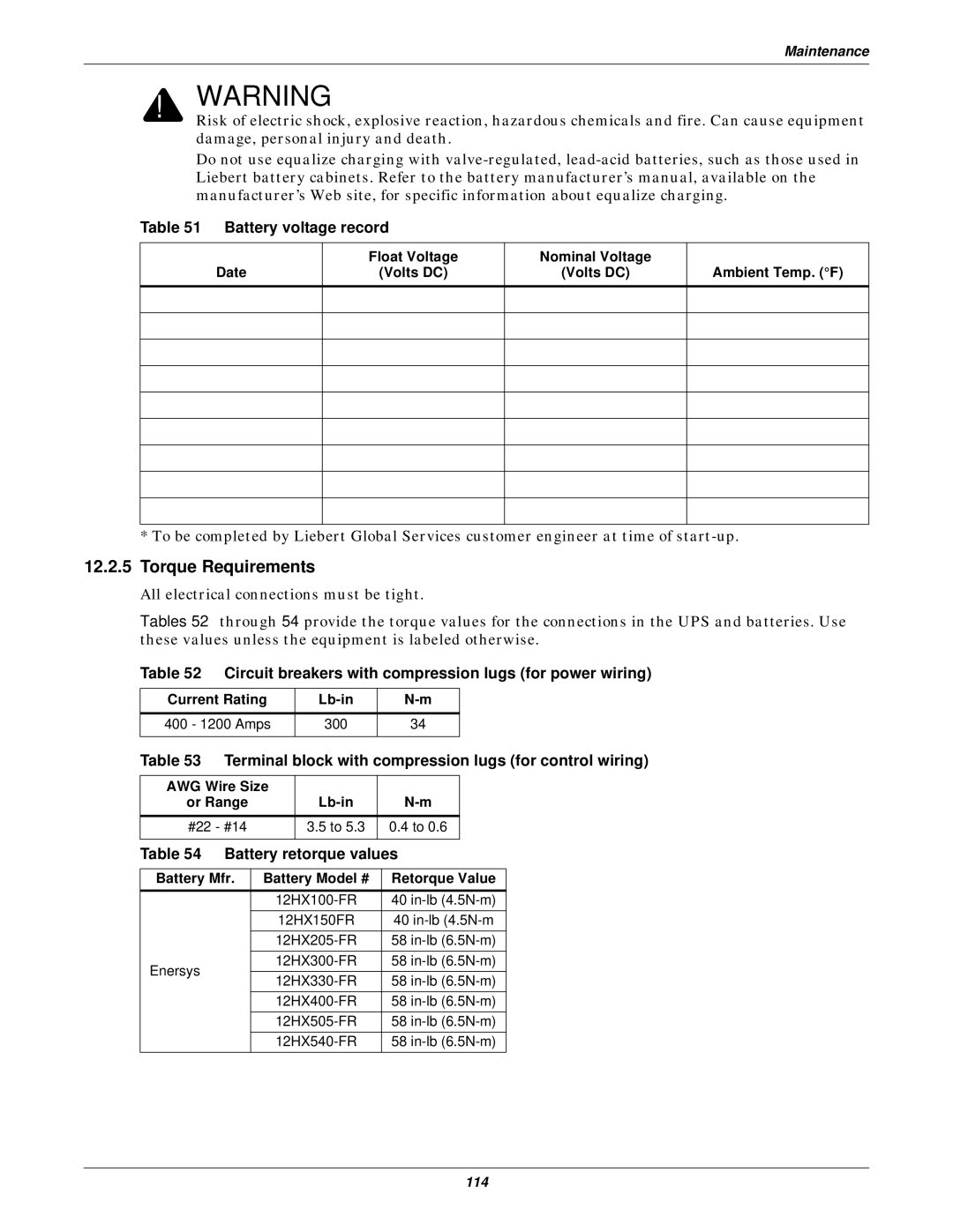 Emerson 115-600V Torque Requirements, Battery voltage record, Circuit breakers with compression lugs for power wiring 