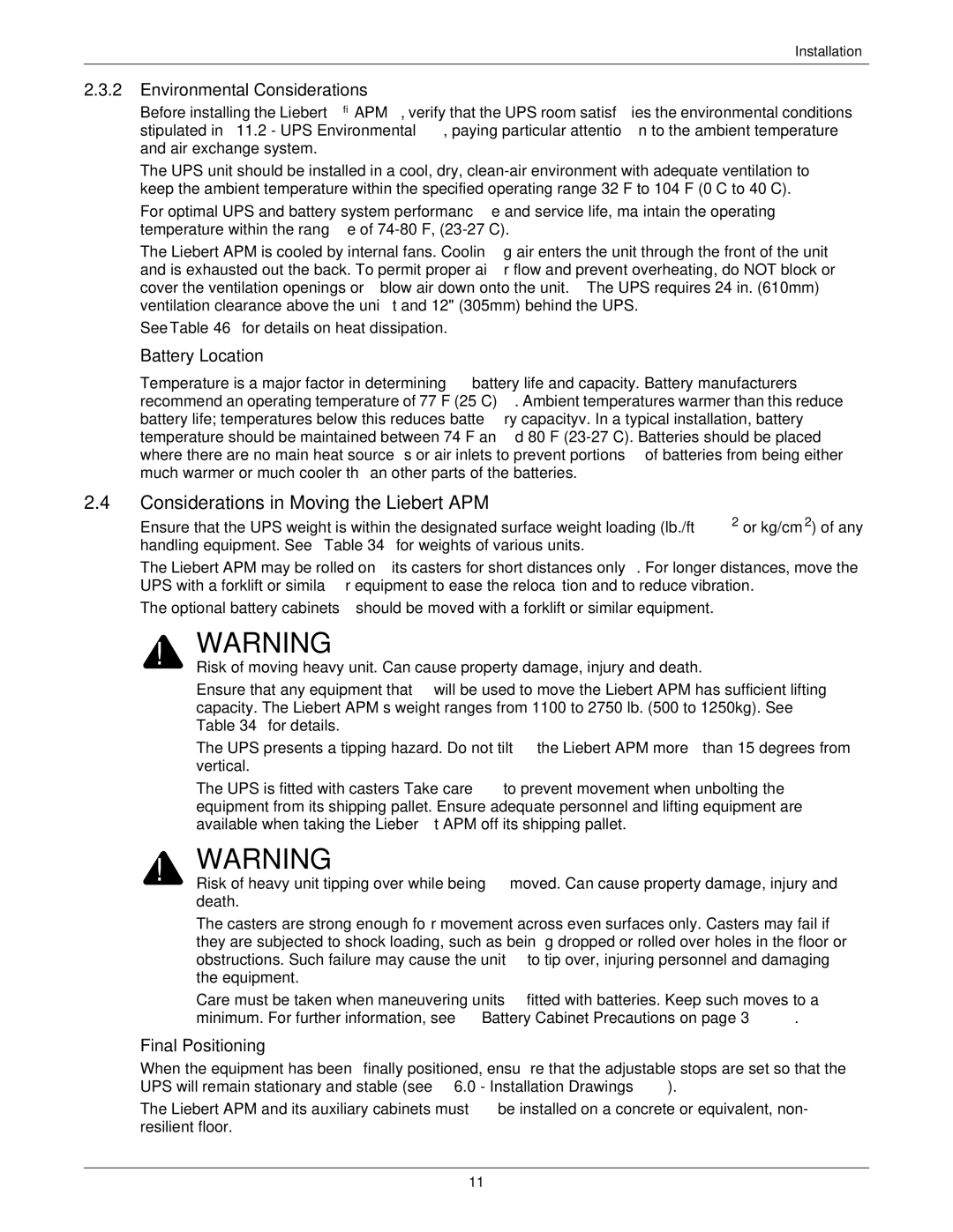 Emerson 115-50/60HZ, 115-120 Considerations in Moving the Liebert APM, Environmental Considerations, Battery Location 