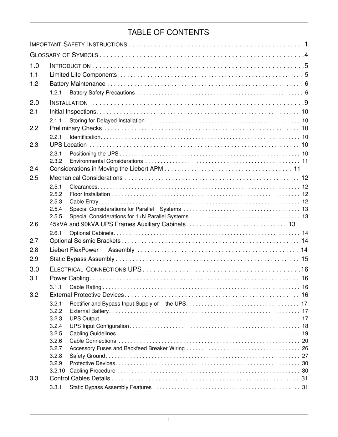 Emerson 115-50/60HZ, 115-120, 15-90KVA, 115-208, 115-600V, 115-480 user manual Table of Contents 