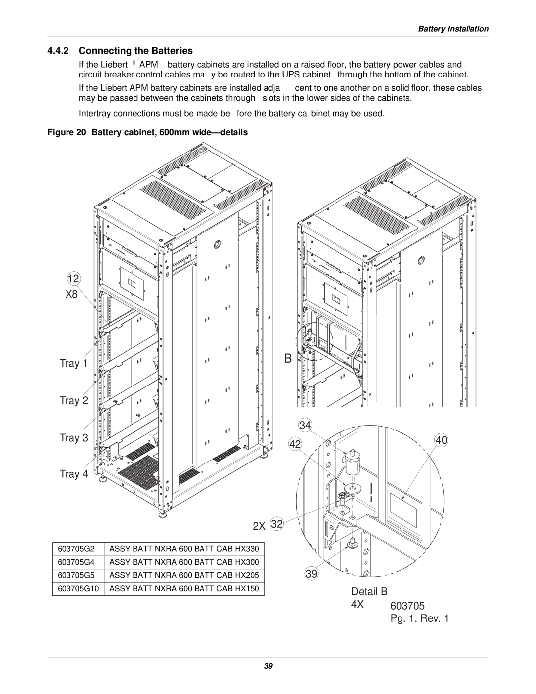 Emerson 15-90KVA, 115-120, 115-208, 115-50/60HZ, 115-600V Connecting the Batteries, Battery cabinet, 600mm wide-details 