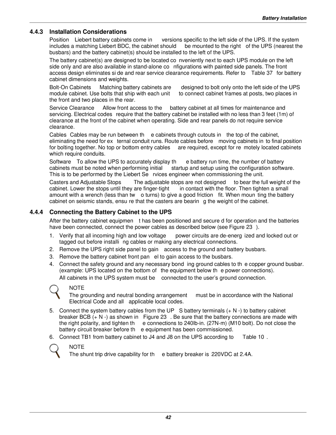 Emerson 115-600V, 115-120, 15-90KVA, 115-208, 115-480 Installation Considerations, Connecting the Battery Cabinet to the UPS 