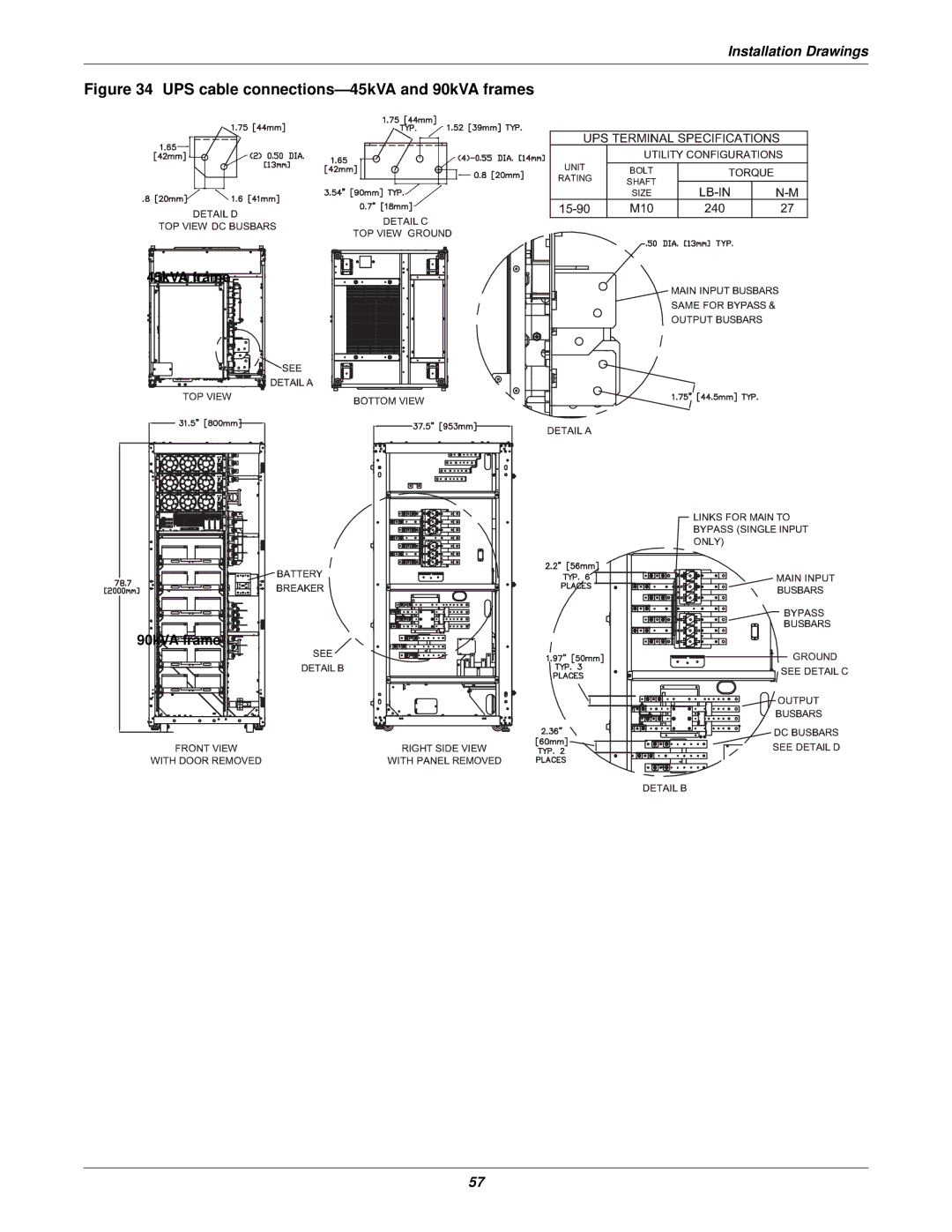 Emerson 15-90KVA, 115-120, 115-208, 115-50/60HZ, 115-600V, 115-480 user manual UPS cable connections-45kVA and 90kVA frames 