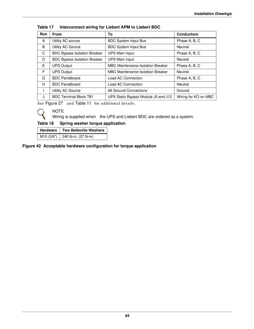Emerson 115-208, 115-120, 15-90KVA Interconnect wiring for Liebert APM to Liebert BDC, Spring washer torque application 
