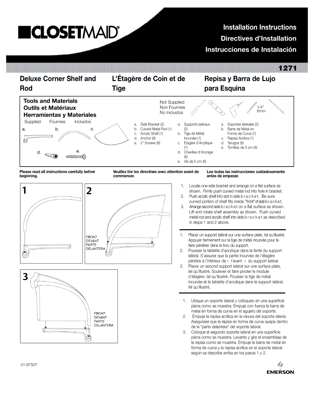 Emerson installation instructions Deluxe Corner Shelf Rod, Installation Instructions, 1271 ’Étagère de Coin et de 