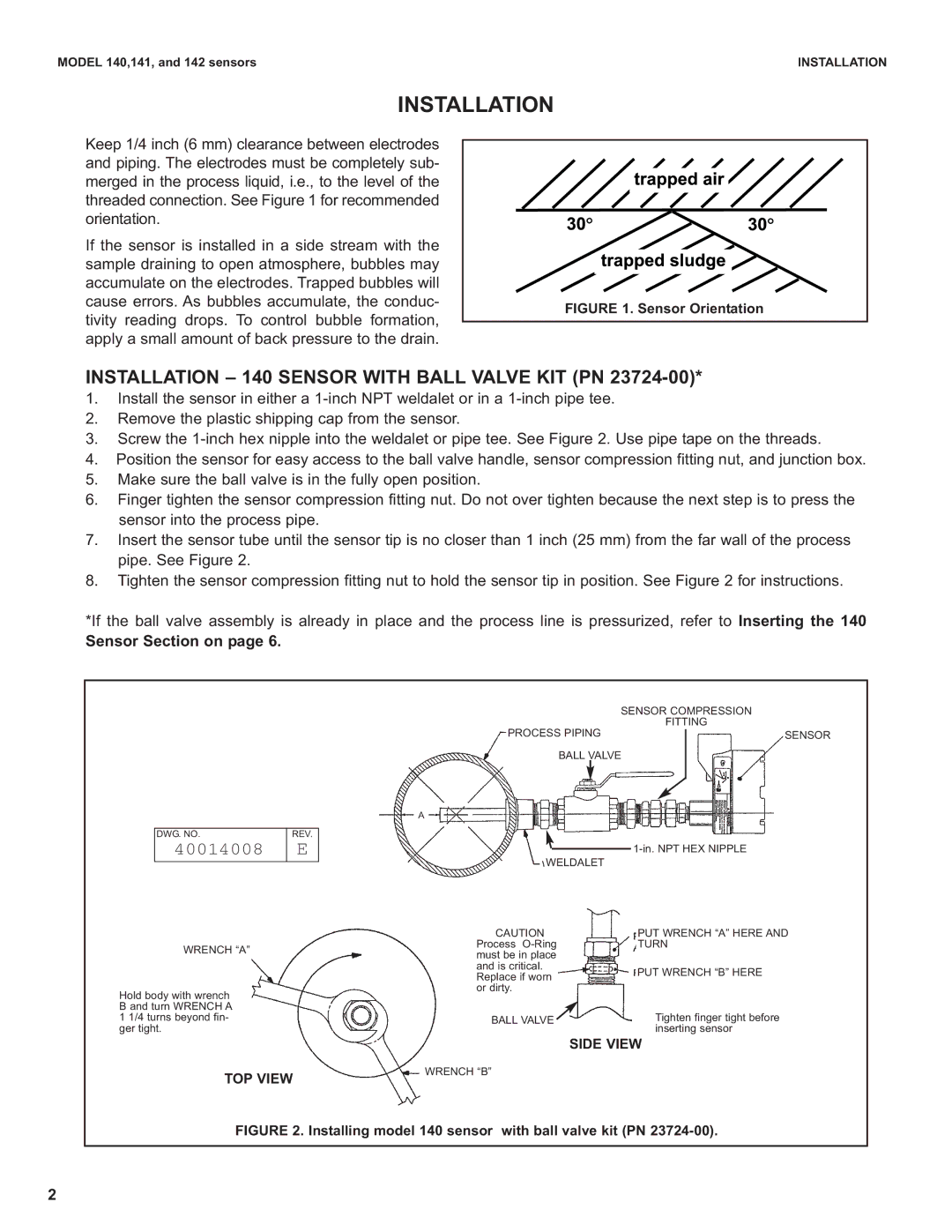 Emerson 141, 142 instruction sheet Installation 140 Sensor with Ball Valve KIT PN, Sensor Section on 