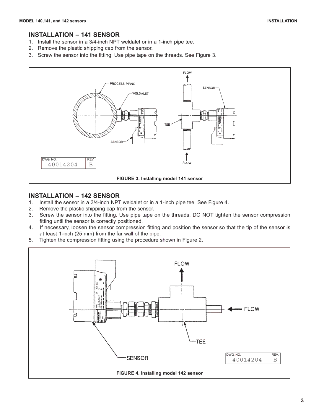 Emerson 140 instruction sheet Installation 141 Sensor, Installation 142 Sensor 