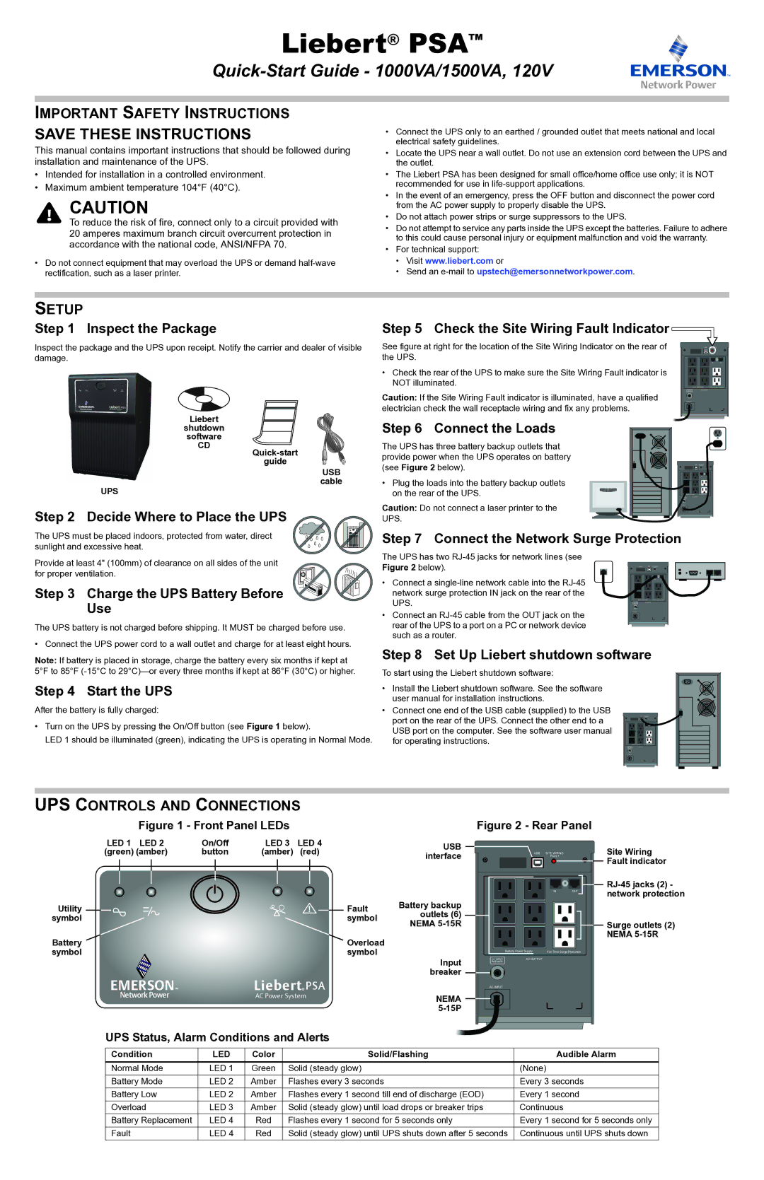 Emerson 1000VA, 1500VA quick start Important Safety Instructions, Setup, UPS Controls and Connections 