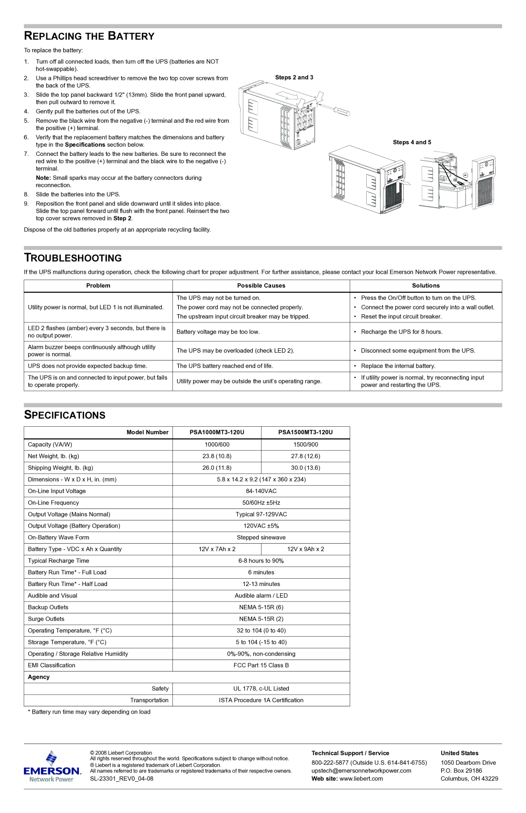 Emerson 1500VA, 1000VA quick start Replacing the Battery, Troubleshooting, Specifications 