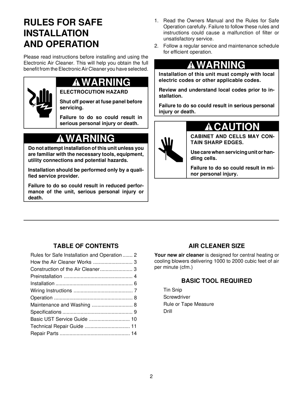 Emerson 16C26S-010 Rules for Safe Installation Operation, Table of Contents, AIR Cleaner Size, Basic Tool Required 