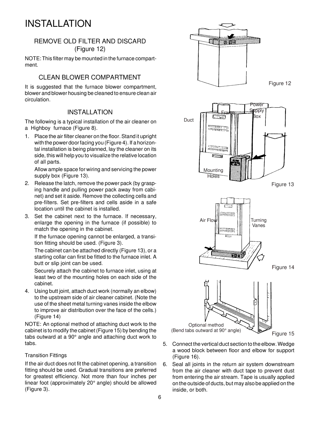 Emerson 16C26S-010 owner manual Remove OLD Filter and Discard Clean Blower Compartment, Installation, Transition Fittings 