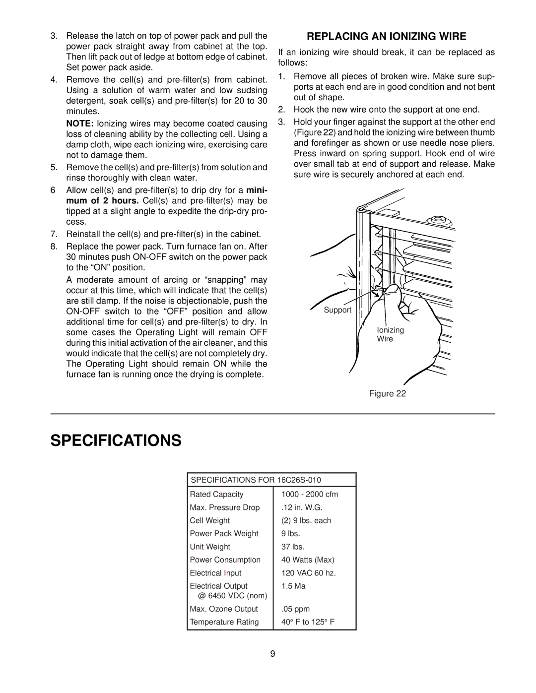 Emerson 16C26S-010 owner manual Specifications, Replacing AN Ionizing Wire 