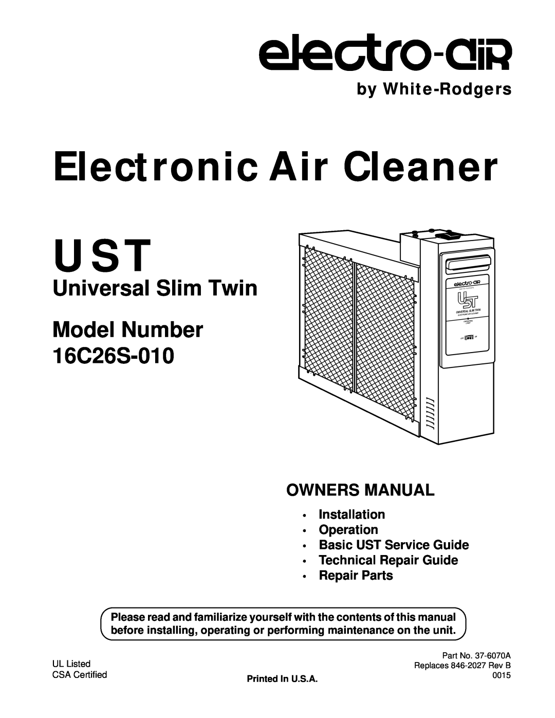 Emerson owner manual Universal Slim Twin Model Number 16C26S-010, by White-Rodgers, Electronic Air Cleaner, Operating 