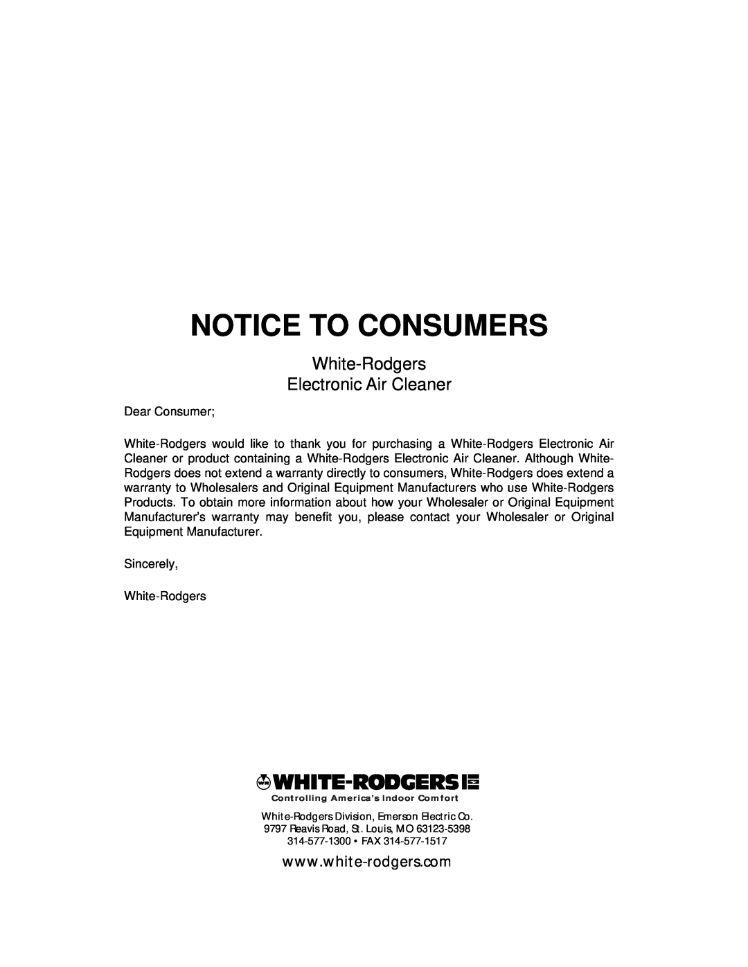 Emerson 16C26S-010 owner manual Notice To Consumers, White-Rodgers Electronic Air Cleaner 