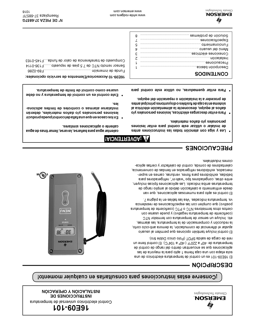 Emerson 16E09-101 specifications 6857G-37 Pieza DE N, Opcionales servicio de Accesorios/Elementos 10-16E09 