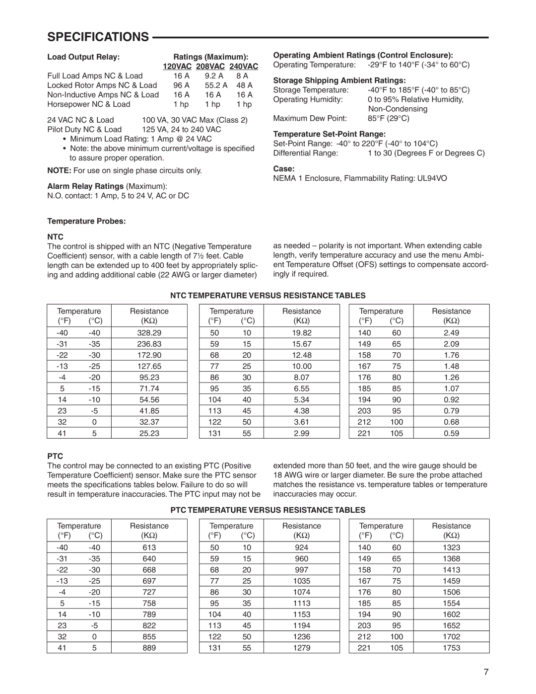 Emerson 16E09-101 specifications Specifications, Ntc, NTC Temperature Versus Resistance Tables, Ptc 