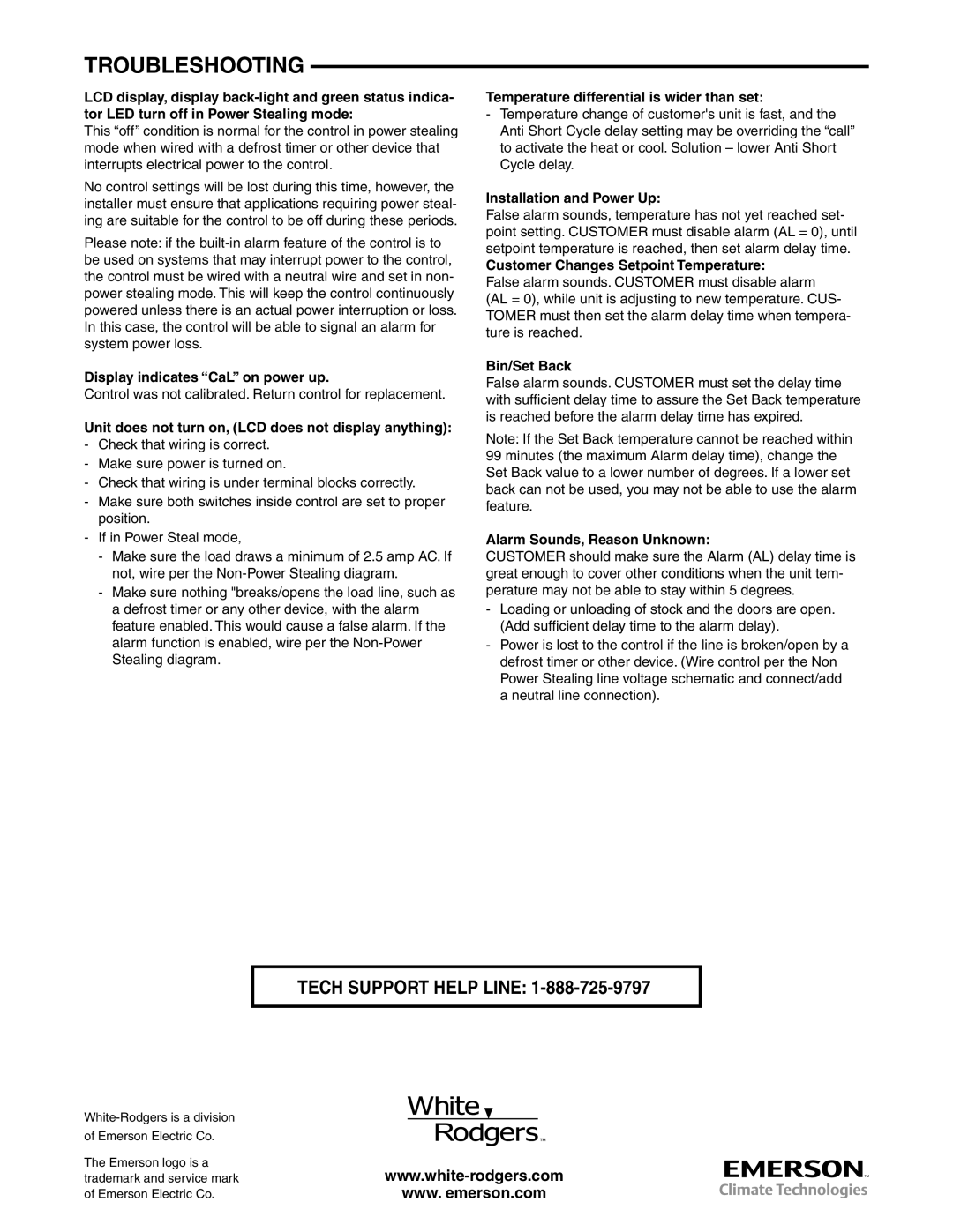 Emerson 16E09-101 specifications Troubleshooting 