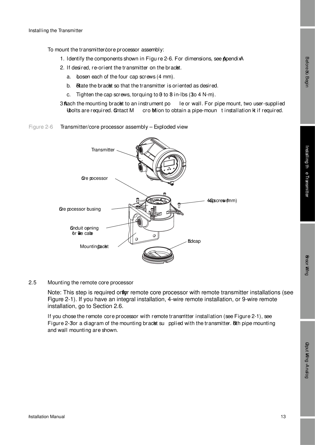 Emerson 2700, 1700 6Transmitter/core processor assembly Exploded view, Mounting the remote core processor 