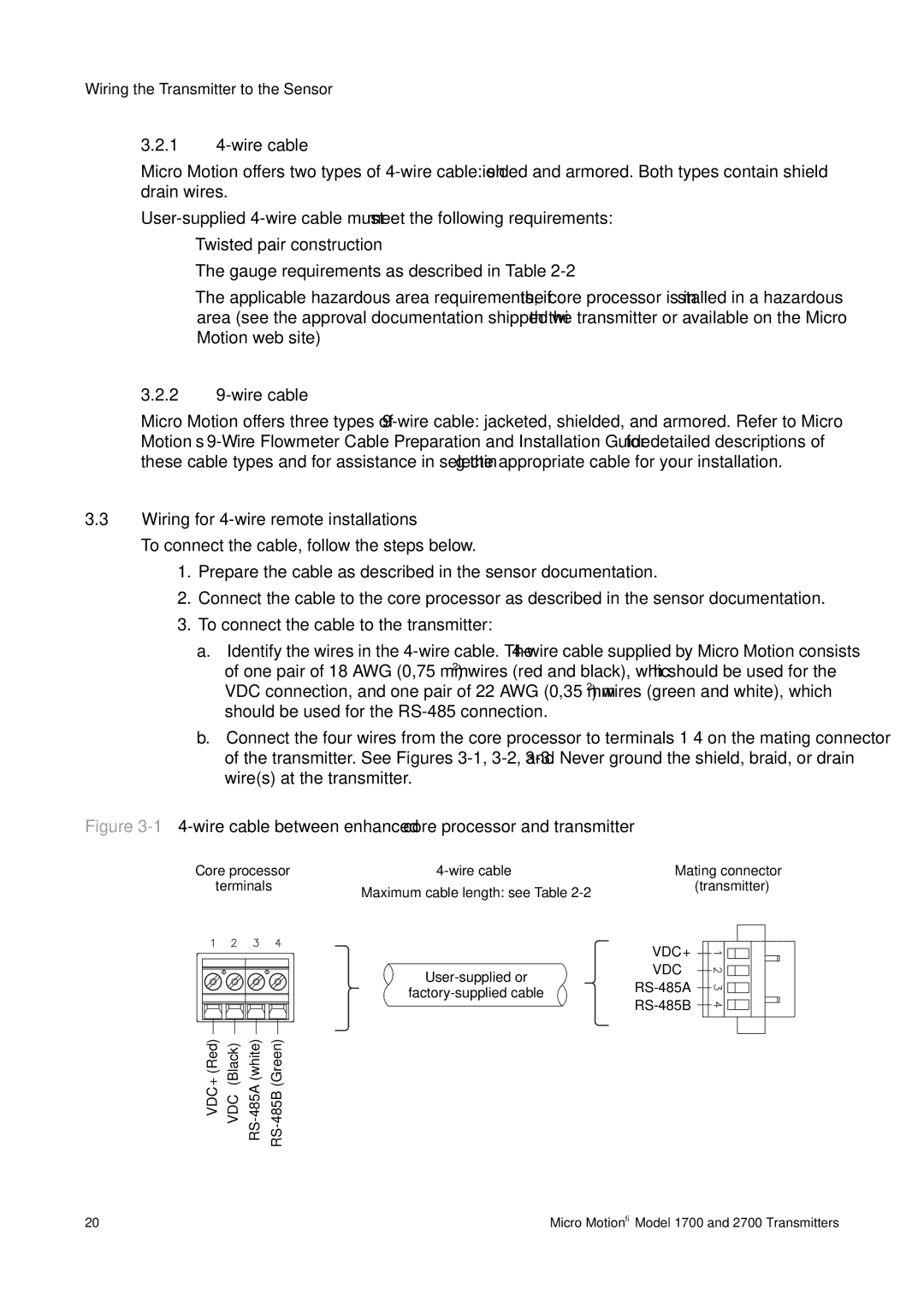 Emerson 1700, 2700 installation manual 1 4-wire cable, 2 9-wire cable, Wiring for 4-wire remote installations 