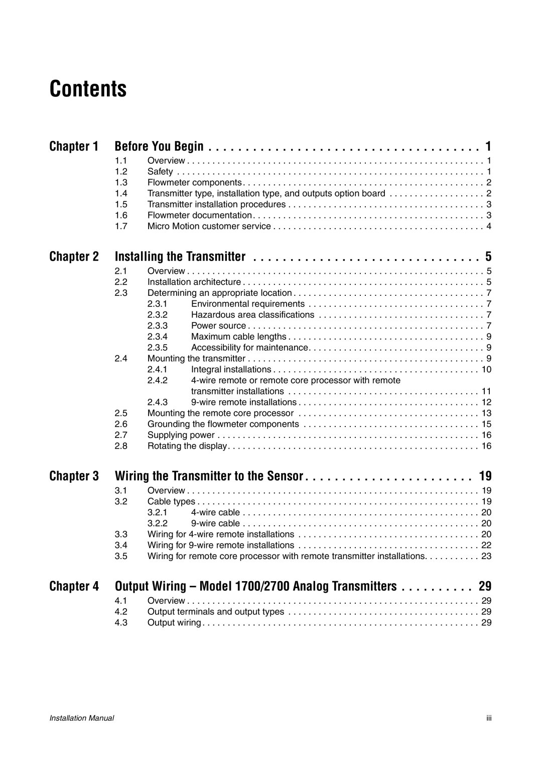 Emerson 2700, 1700 installation manual Contents 