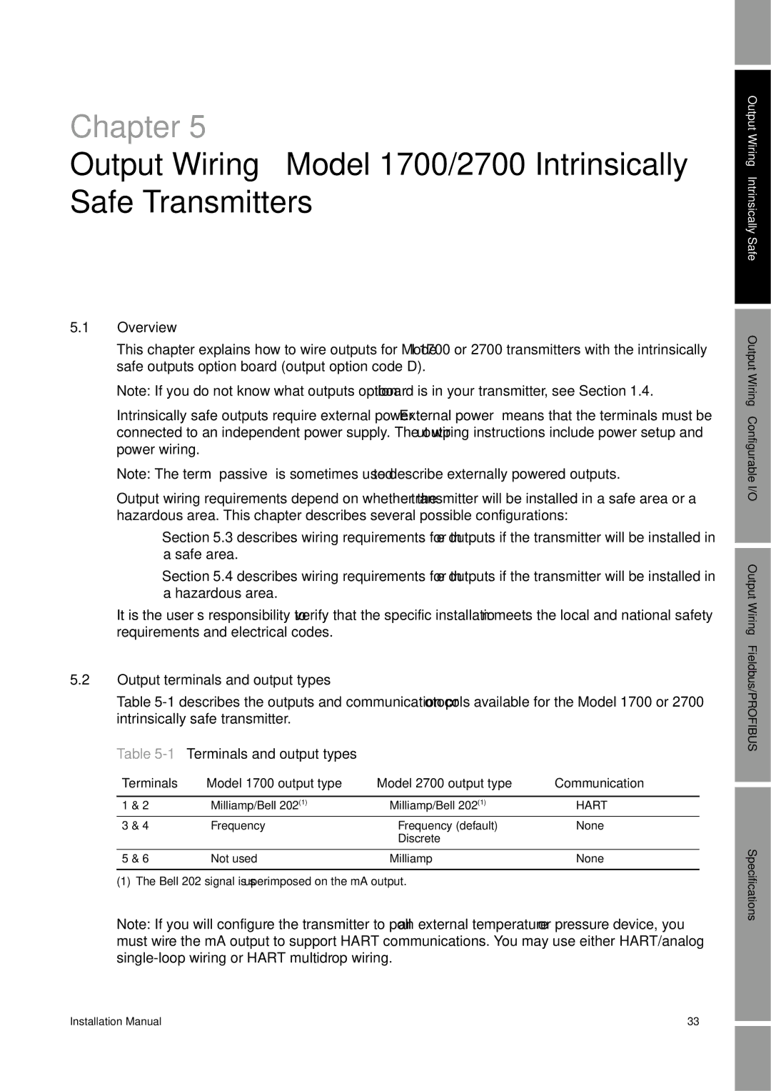 Emerson 2700, 1700 installation manual Output Wiring Intrinsically Safe 