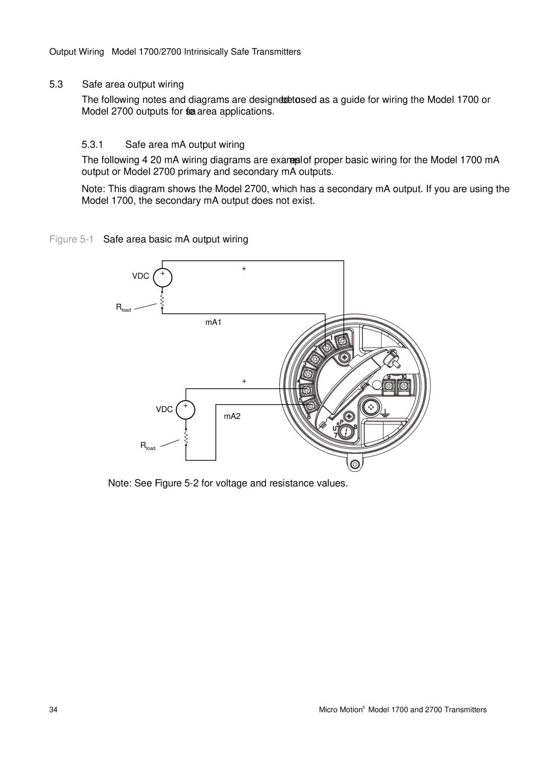 Emerson 1700, 2700 installation manual Safe area output wiring, Safe area mA output wiring 