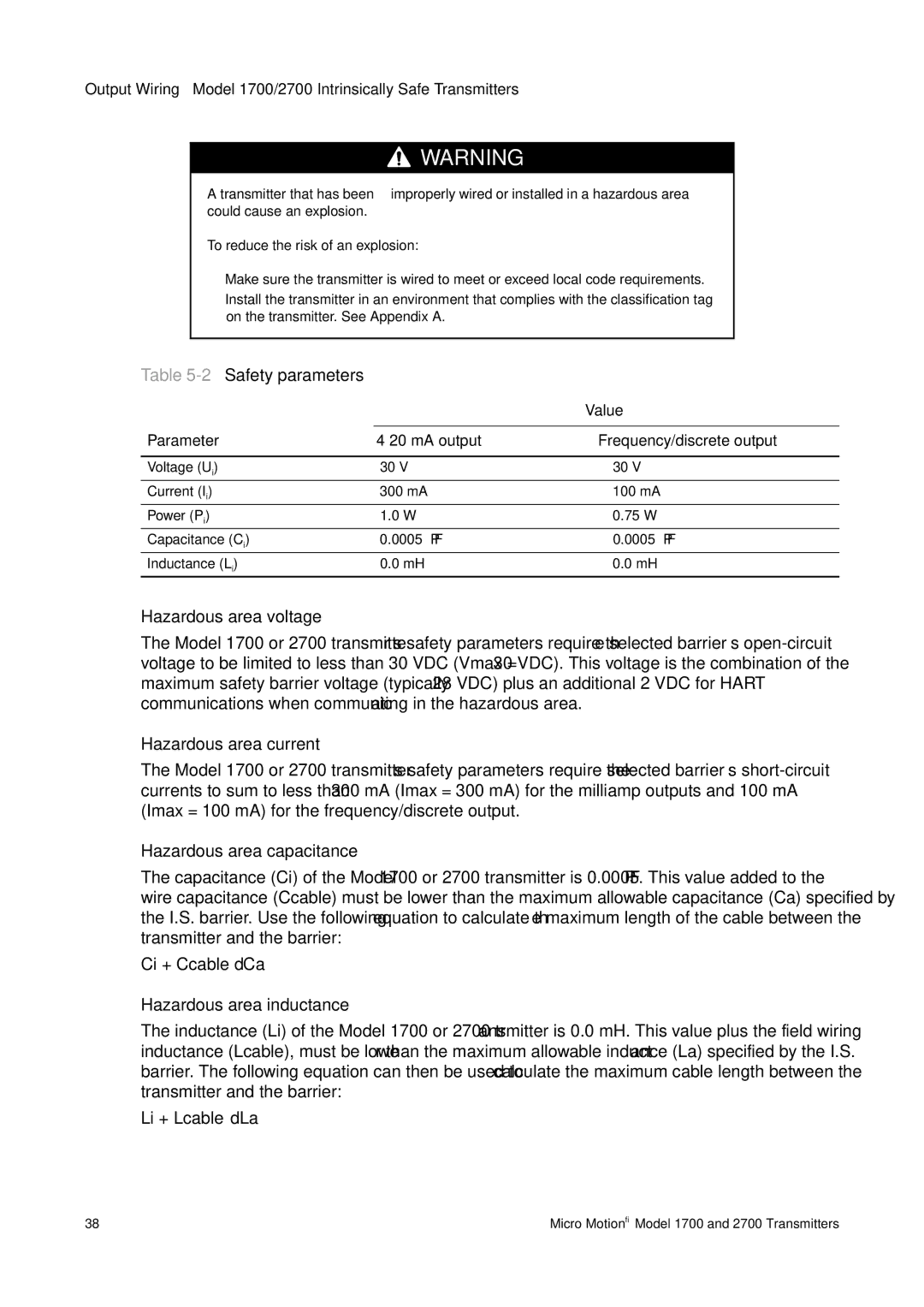 Emerson 1700, 2700 2Safety parameters, Hazardous area voltage, Hazardous area current, Hazardous area capacitance 