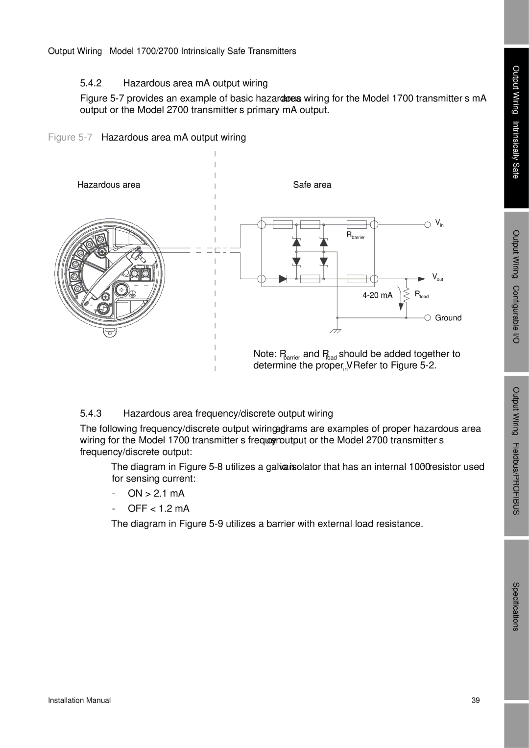 Emerson 2700, 1700 installation manual Hazardous area mA output wiring, Hazardous area frequency/discrete output wiring 