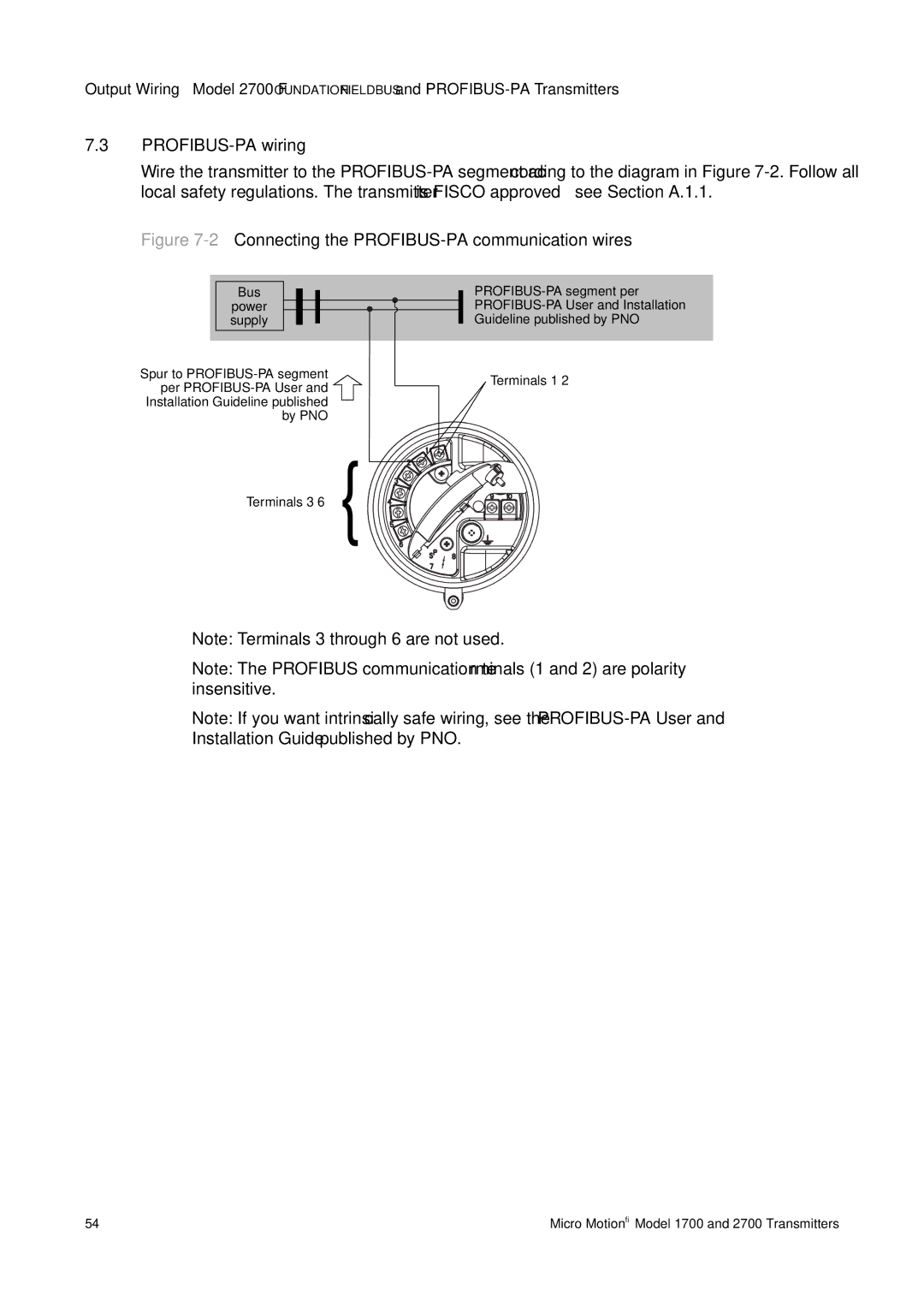 Emerson 1700, 2700 installation manual PROFIBUS-PA wiring, 2Connecting the PROFIBUS-PA communication wires 