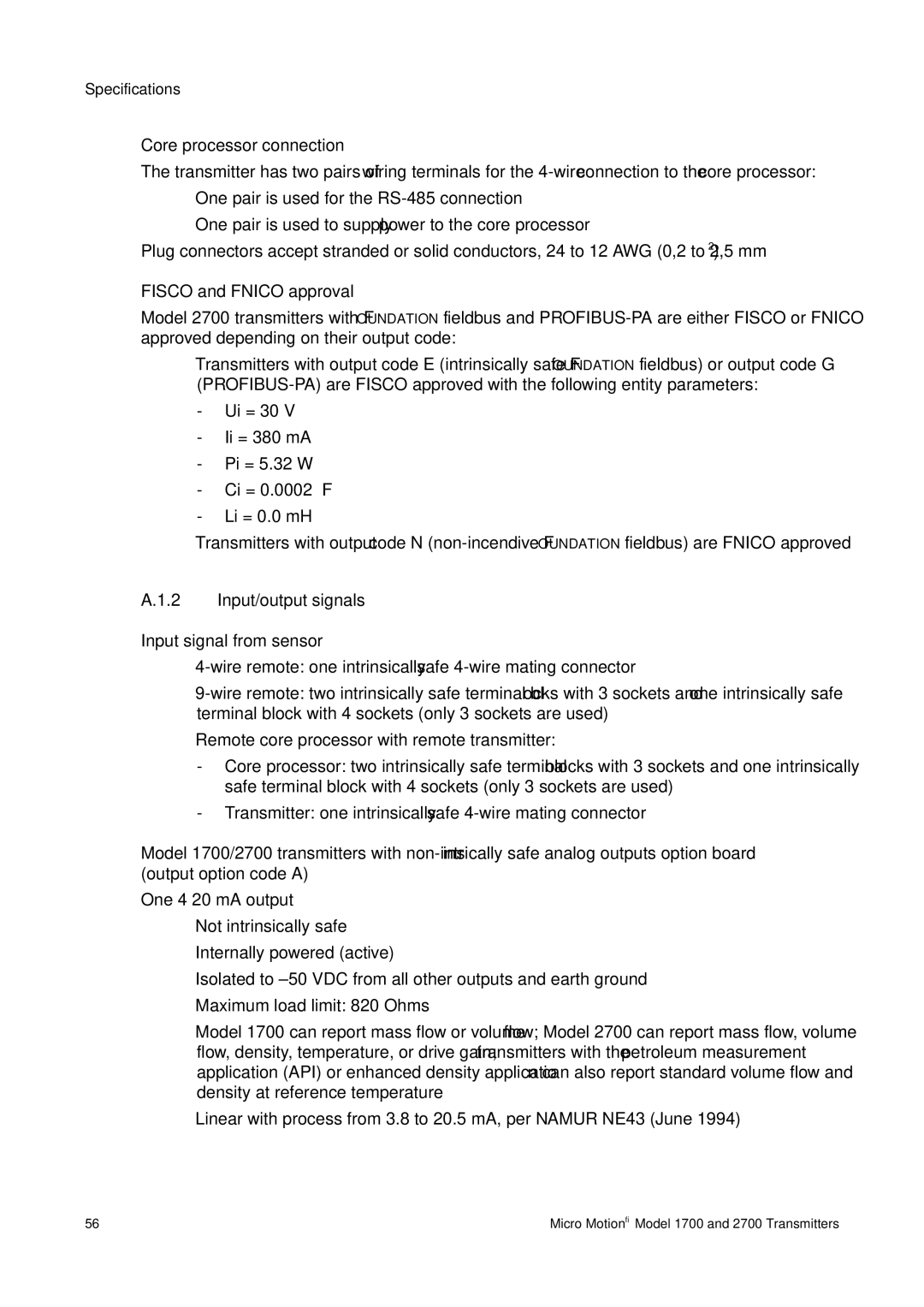 Emerson 1700, 2700 Core processor connection, Fisco and Fnico approval, Input/output signals Input signal from sensor 