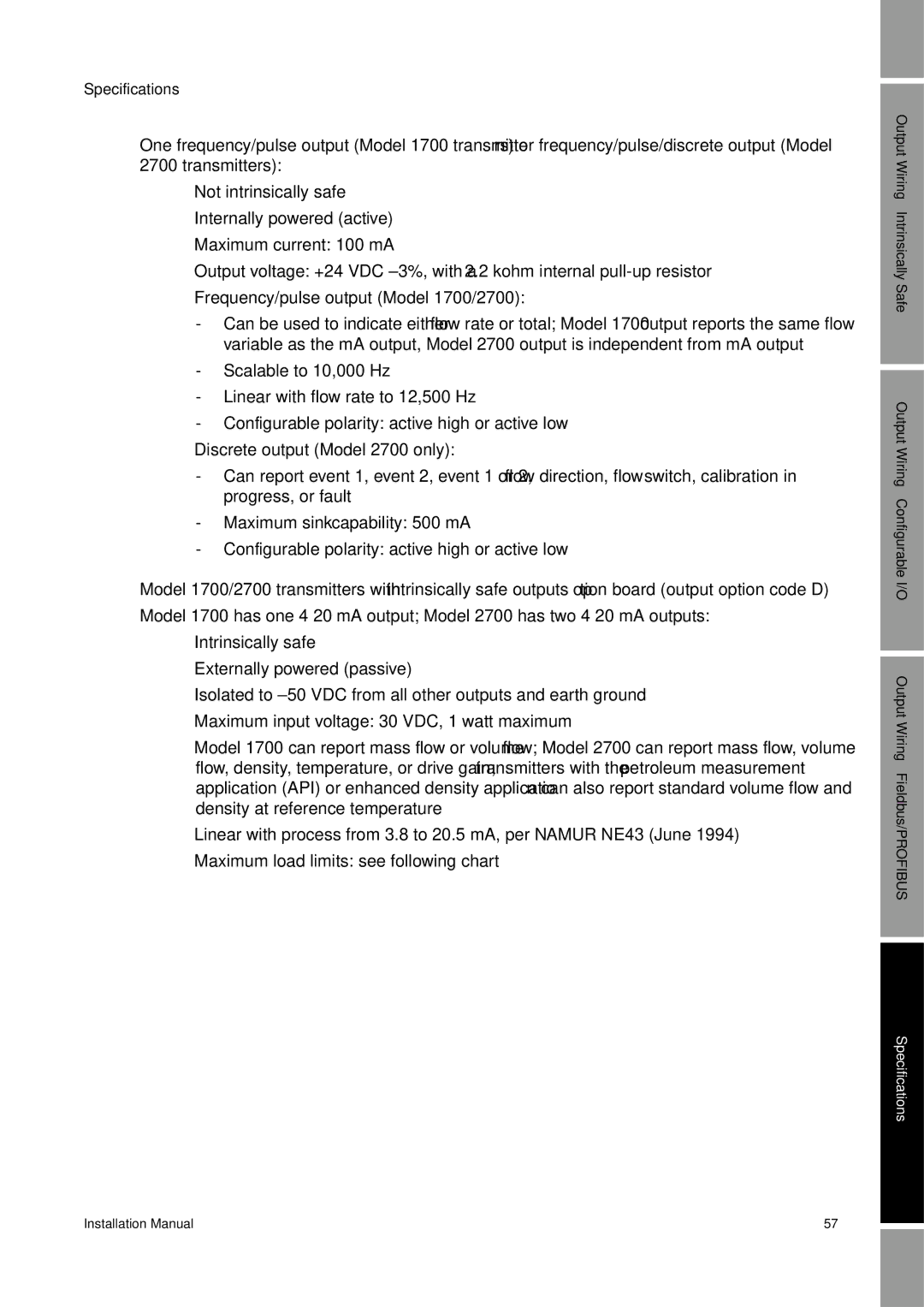 Emerson 2700, 1700 installation manual Specifications 