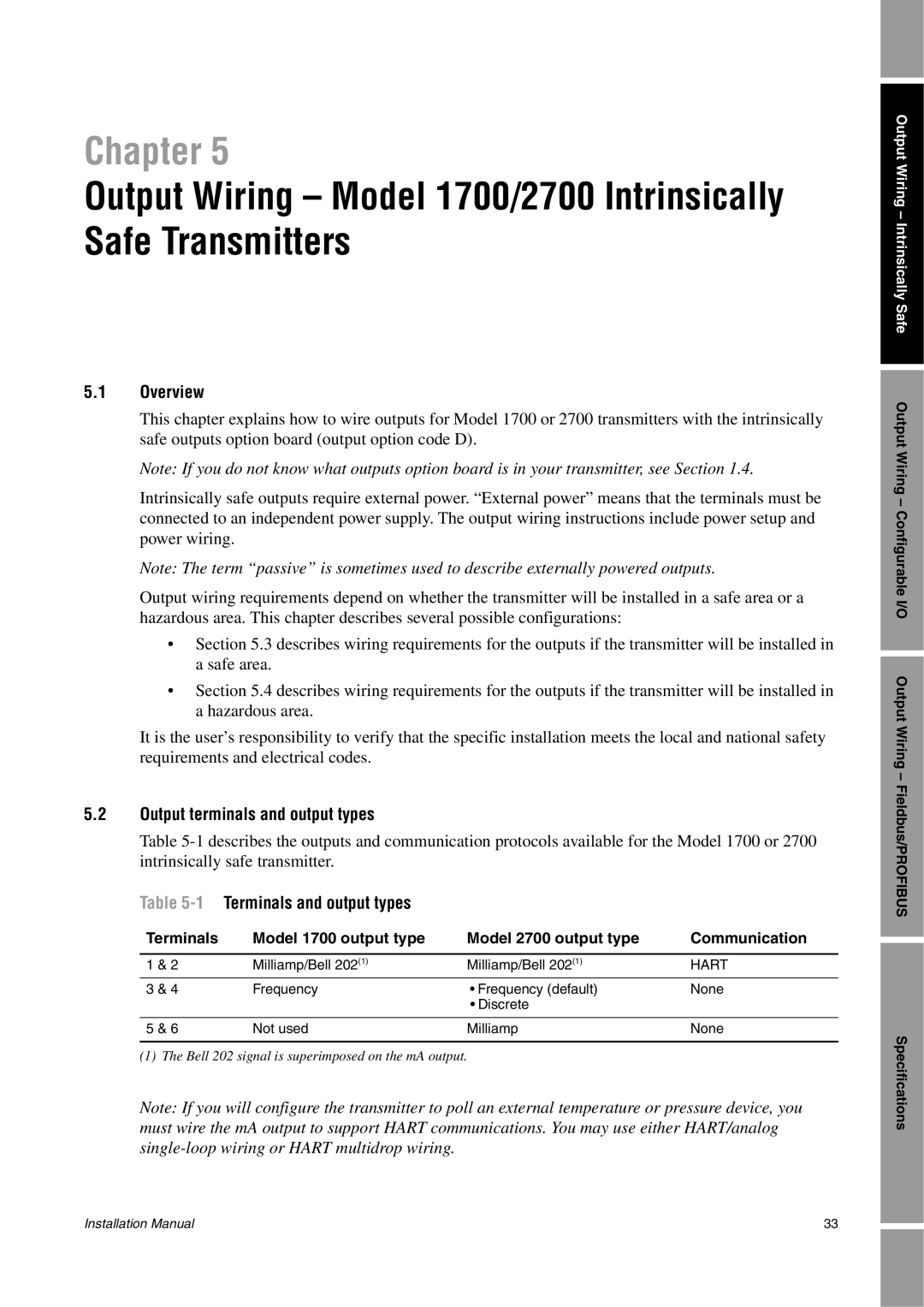 Emerson installation manual Output Wiring - Model 1700/2700 Intrinsically, Safe Transmitters, Chapter, 5.1Overview 