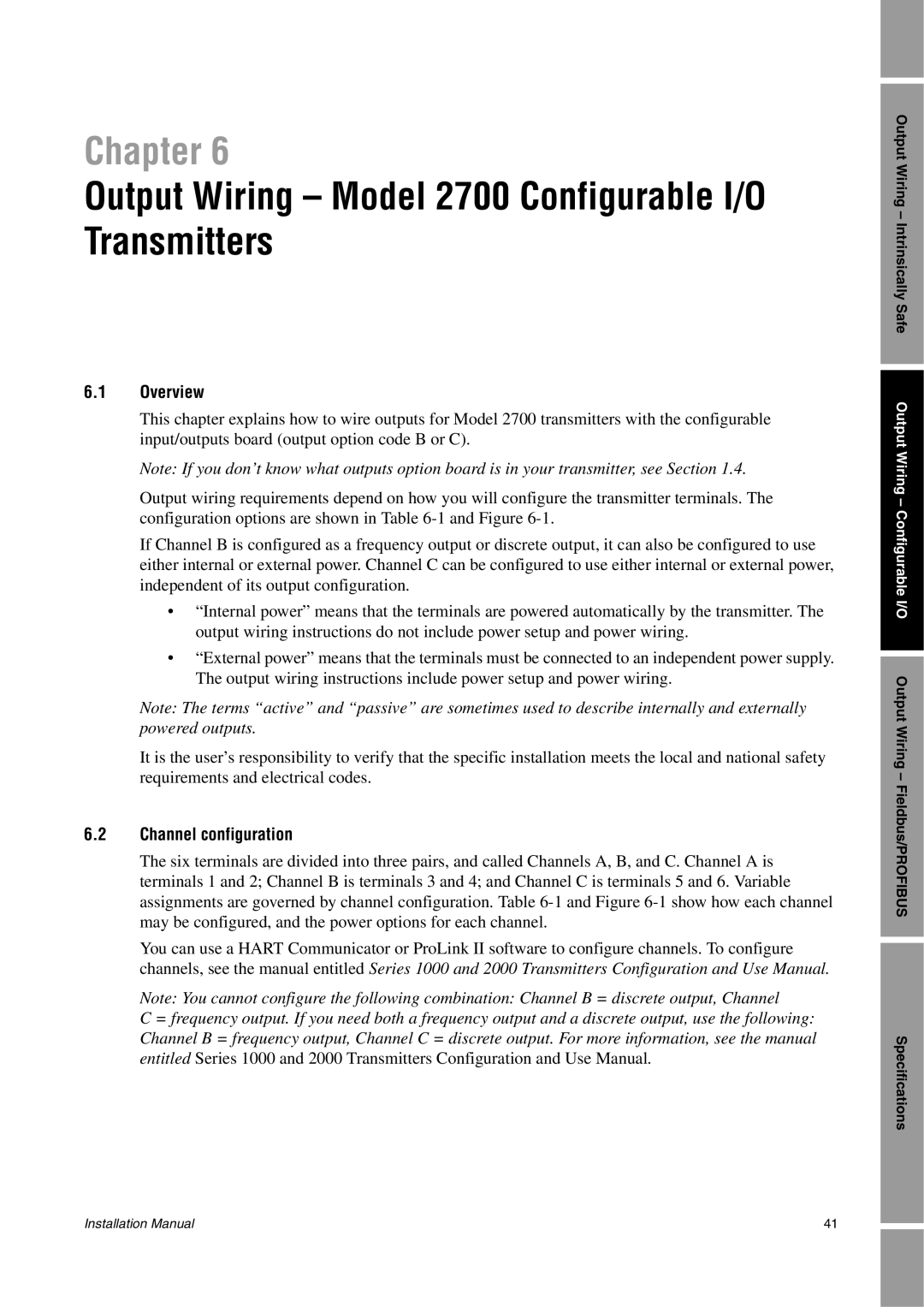 Emerson 1700 Output Wiring - Model 2700 Configurable I/O, Transmitters, Chapter, 6.1Overview, 6.2Channel configuration 