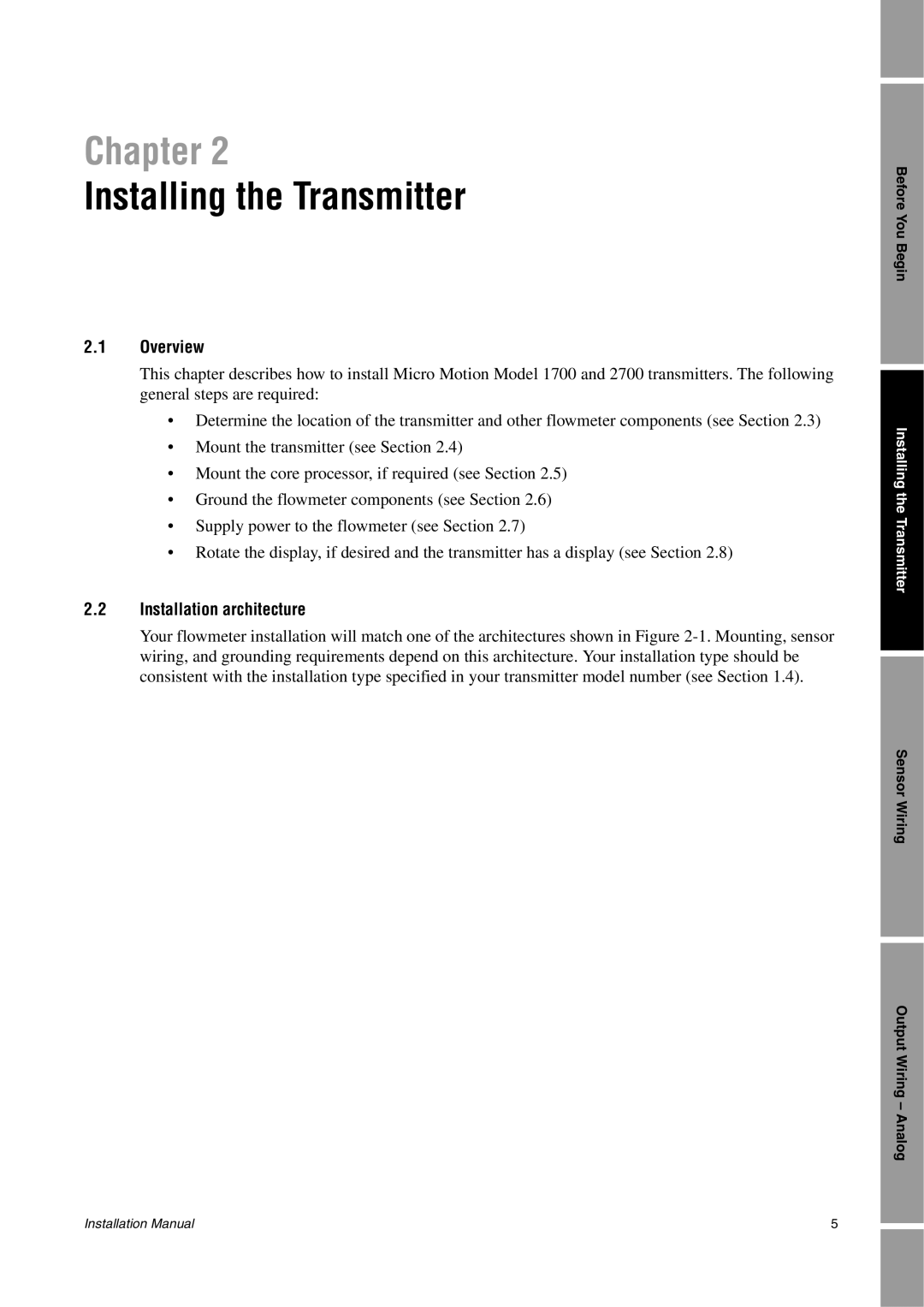Emerson 2700, 1700 installation manual Installing the Transmitter, Chapter, 2.1Overview, 2.2Installation architecture 