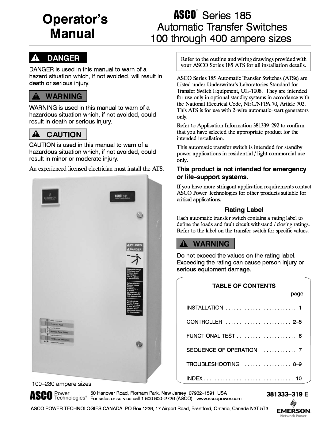 Emerson manual Rating Label, Operator’s Manual, through 400 ampere sizes, Series 185 Automatic Transfer Switches 