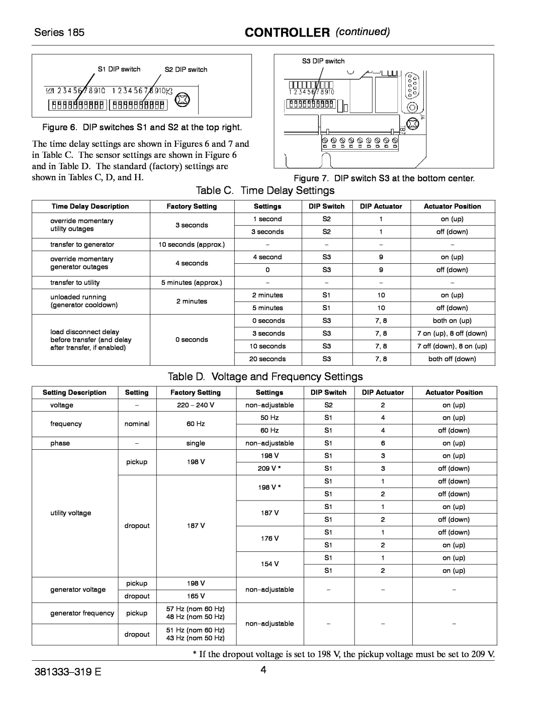 Emerson 185 manual CONTROLLER continued, Series, Table C. Time Delay Settings, Table D. Voltage and Frequency Settings 