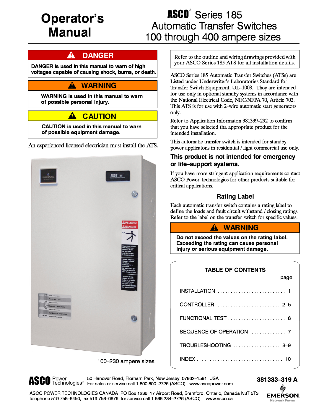 Emerson manual Rating Label, Operator’s Manual, through 400 ampere sizes, Series 185 Automatic Transfer Switches 