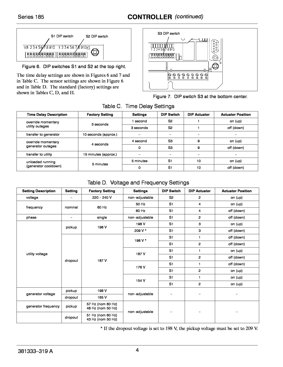 Emerson 185 manual CONTROLLER continued, Table C. Time Delay Settings, Table D. Voltage and Frequency Settings, Series 