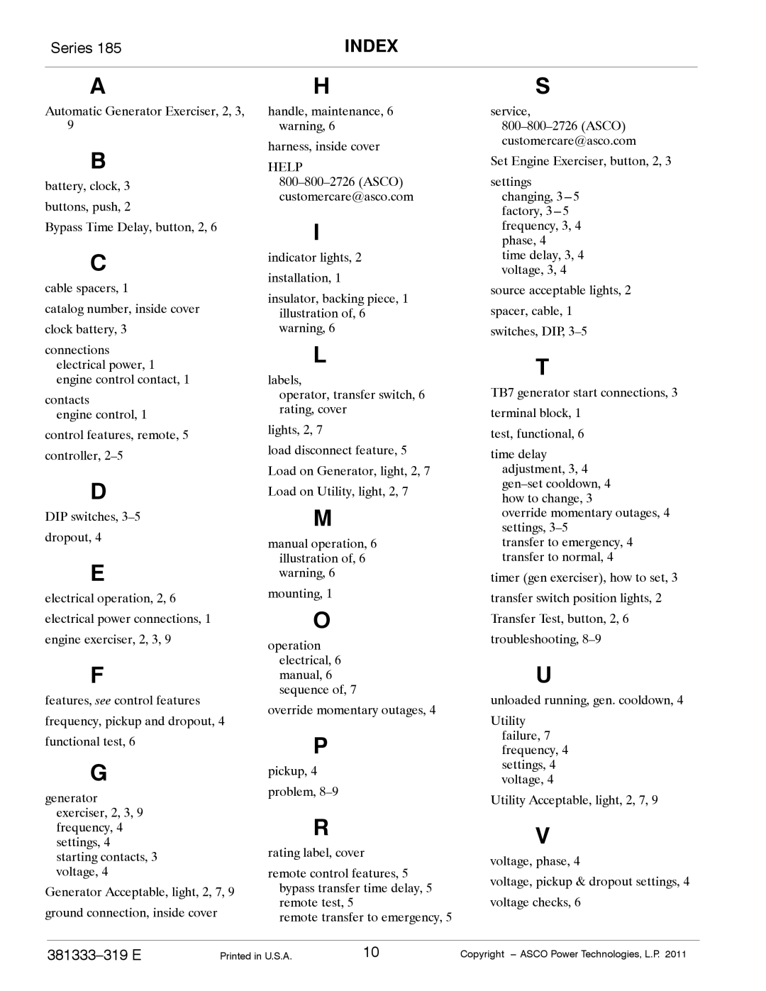 Emerson 185 manual Index 