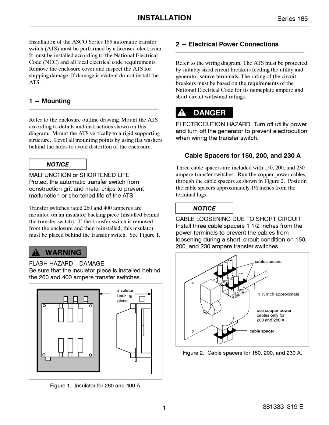 Emerson 185 manual Mounting, Electrical Power Connections, Cable Spacers for 150, 200, and 230 a 