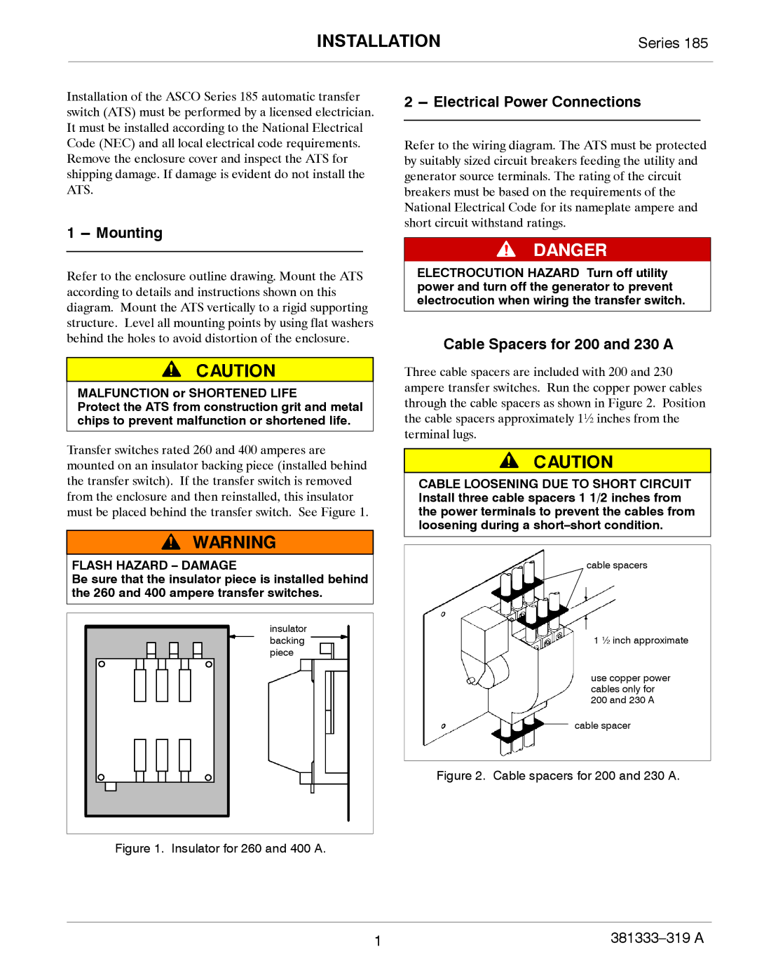 Emerson 185 manual Mounting, Electrical Power Connections, Cable Spacers for 200 and 230 a 