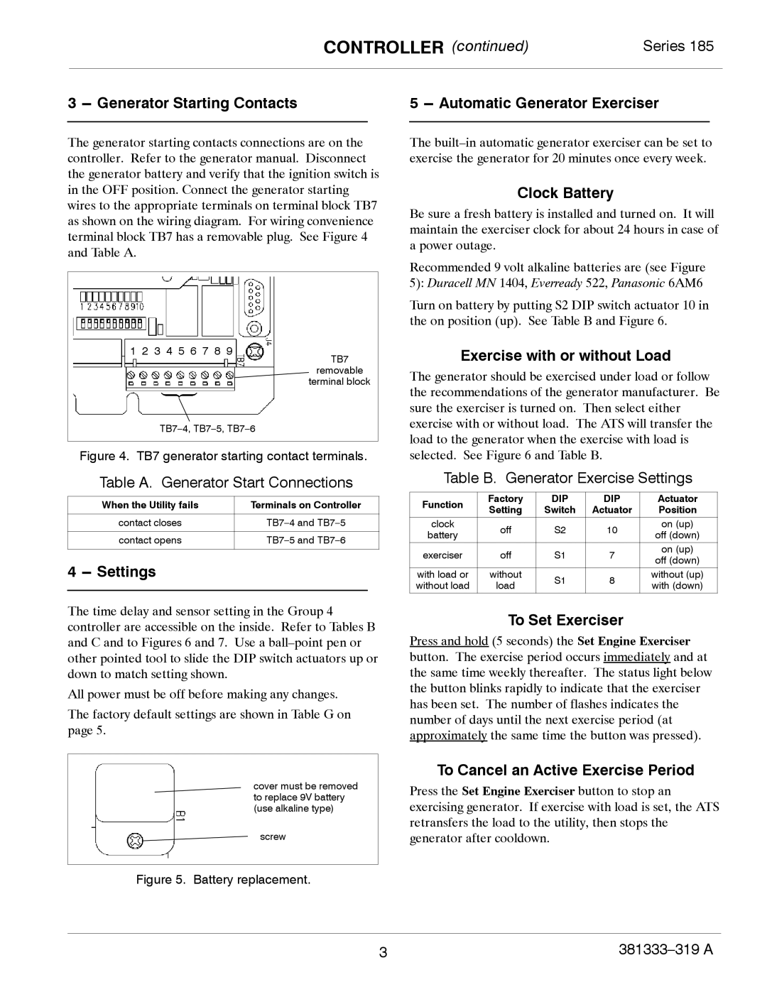 Emerson 185 manual Generator Starting Contacts, Clock Battery, Exercise with or without Load, Settings, To Set Exerciser 