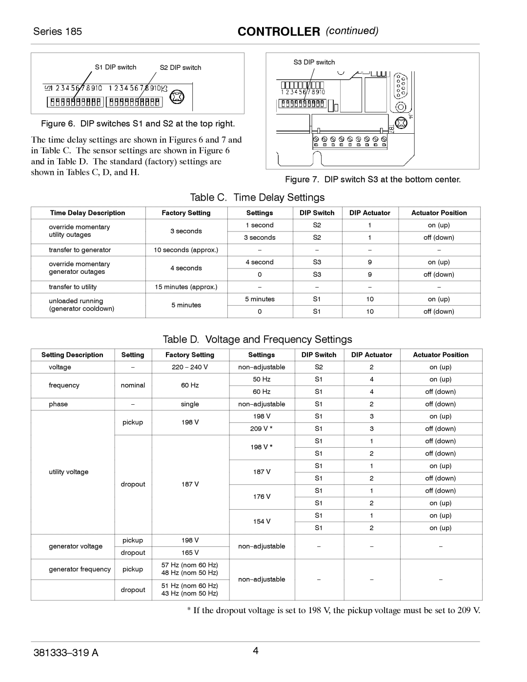 Emerson 185 manual Controller, Table C. Time Delay Settings, Table D. Voltage and Frequency Settings 