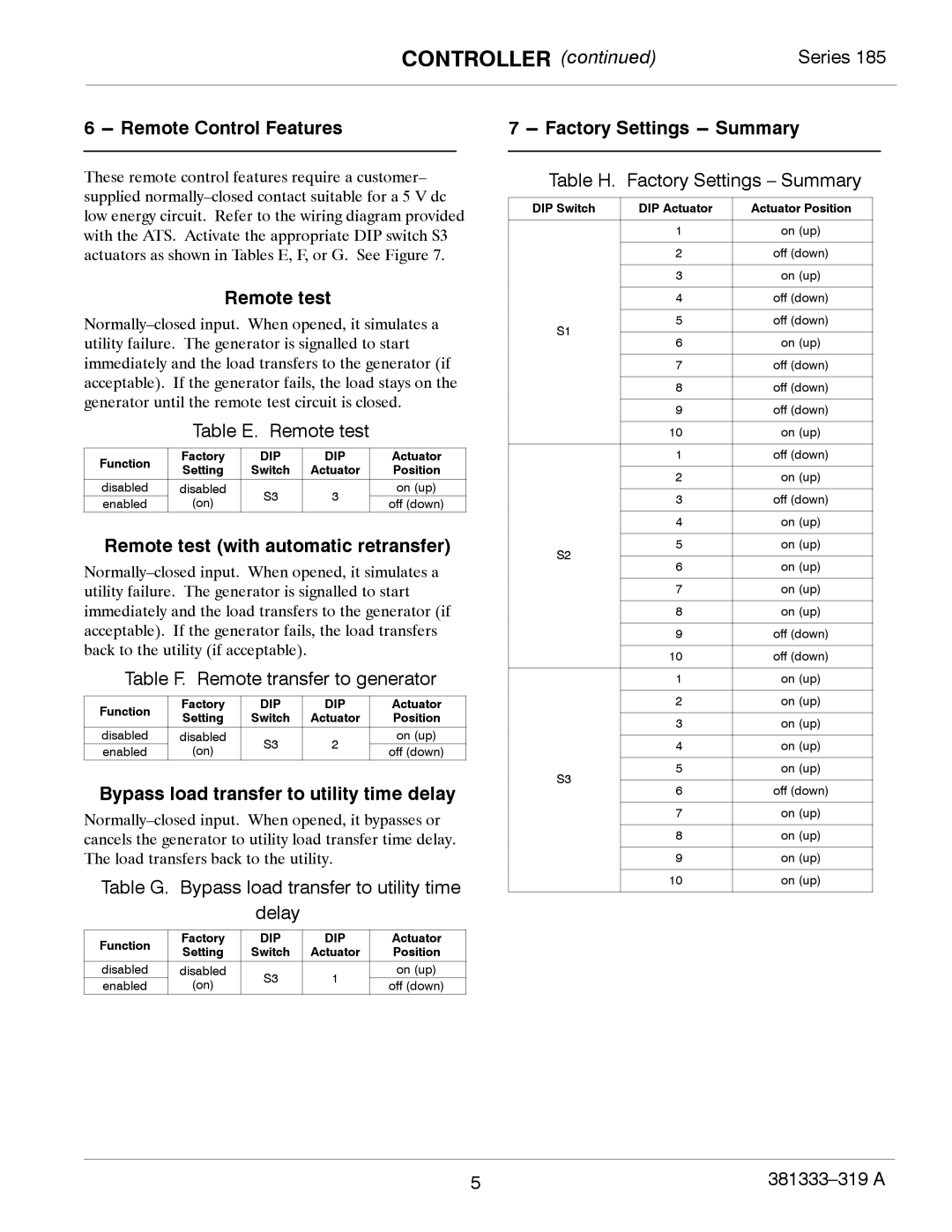 Emerson 185 Remote Control Features, Remote test with automatic retransfer, Bypass load transfer to utility time delay 