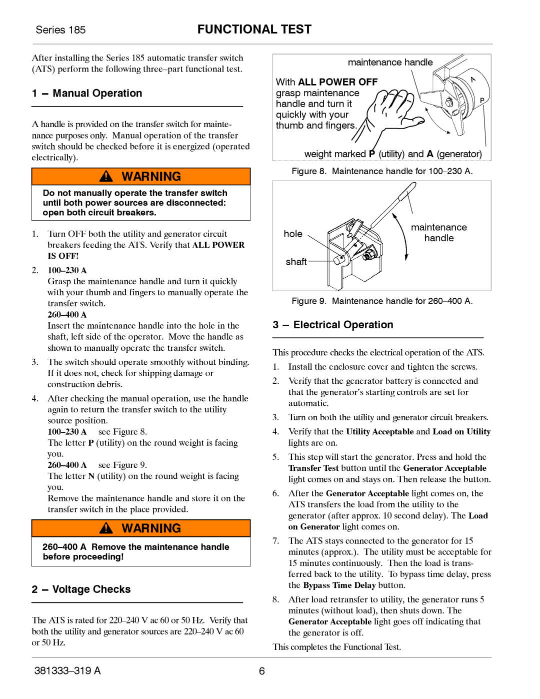 Emerson 185 manual Functional Test, Manual Operation, Voltage Checks, Electrical Operation 